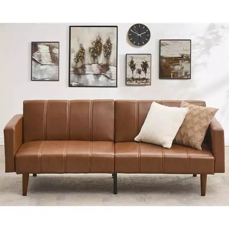 75 Futon Sofa Bed Mid-Century Futon Couch, PU Leathe Convertible Sleeper Couch with Adjustable Backrest, Loveseat and Side Pockets for Living Room