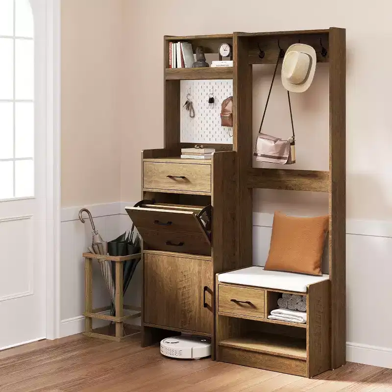 7-in-1 Entryway Hall Tree with Hidden Shoe Storage, Coat Rack, Pegboard & Bench