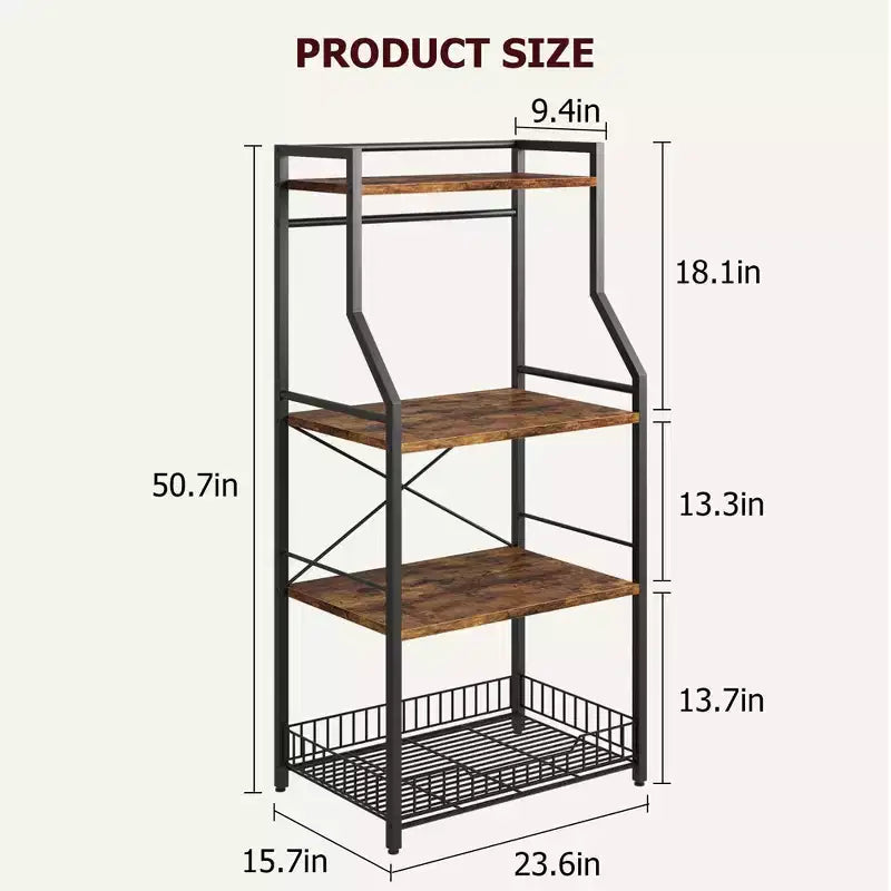 Industrial 4-Tier Kitchen Bakers Rack with Large Wire Basket & 8 Hooks - Microwave Stand & Coffee Bar Station for Pots, Spice Organization,Brown