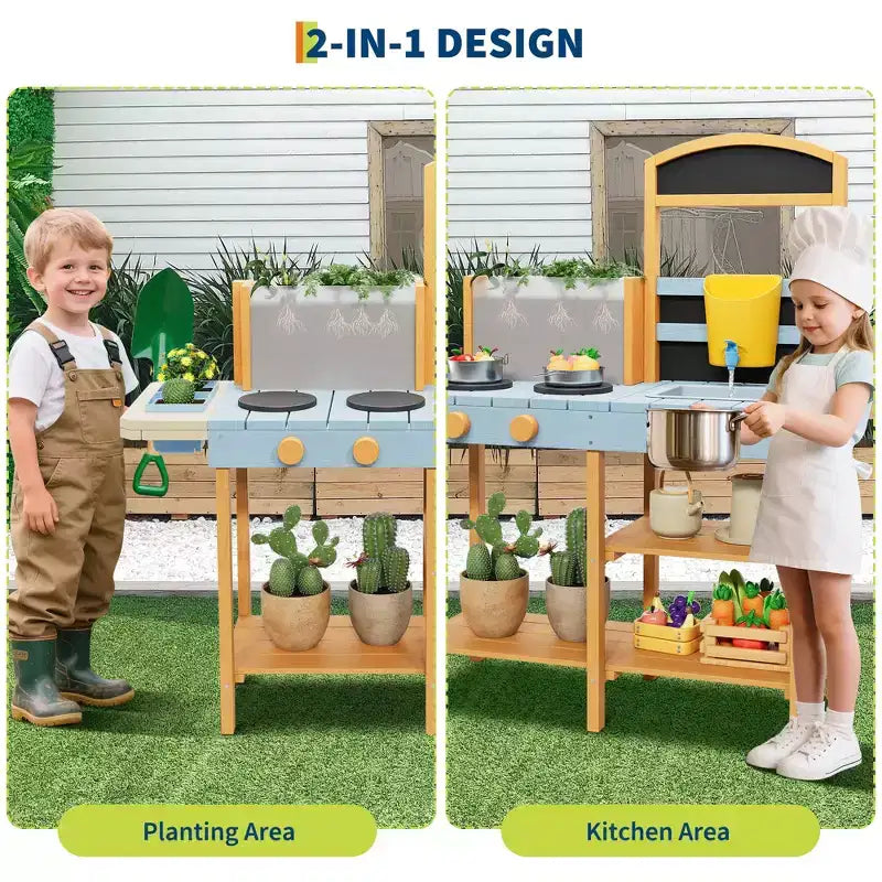 Mud Kitchen for Kids Outdoor Play Kitchen with See Through Planter Box & 2 Side Plant Pots Storage Shelves  Pretend Stove Ideal Gift for Kids 3-8