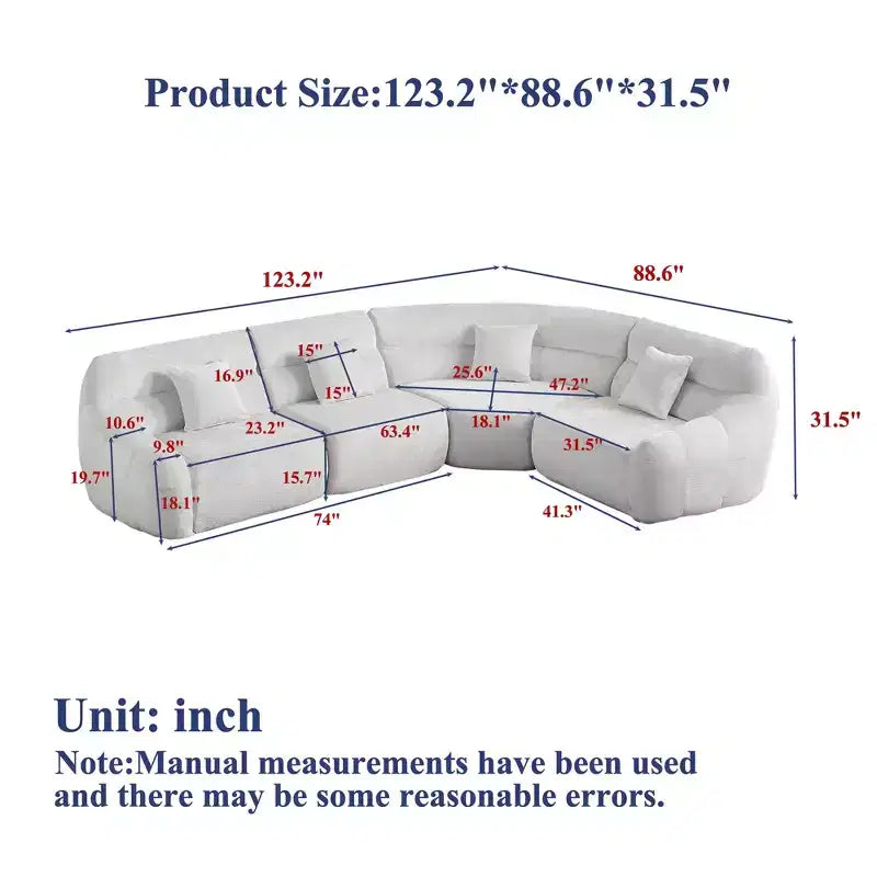 Clihome 123.2 Chenille Cloud Sectional Sofa, Modern Luxury Curved Sofa with 4 Pillows