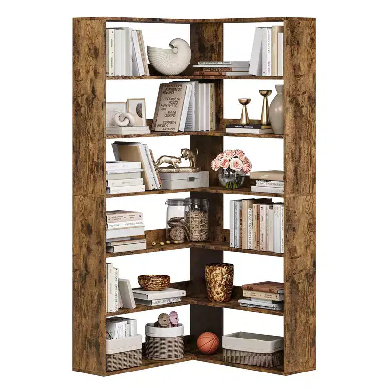 6-Tier Corner Shelf, 71'' Industrial Corner Bookshelf, Wood Corner Etagere Bookcase, Freestanding Display Shelf for Living Room Home Office