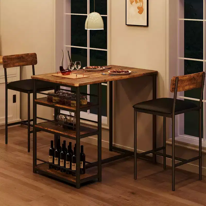 Counter Height Kitchen Table with 2 Upholstered Bar Stools, Wood Dining Table Chairs Set for 2 with Storage Shelves, for Small Space, Apartment