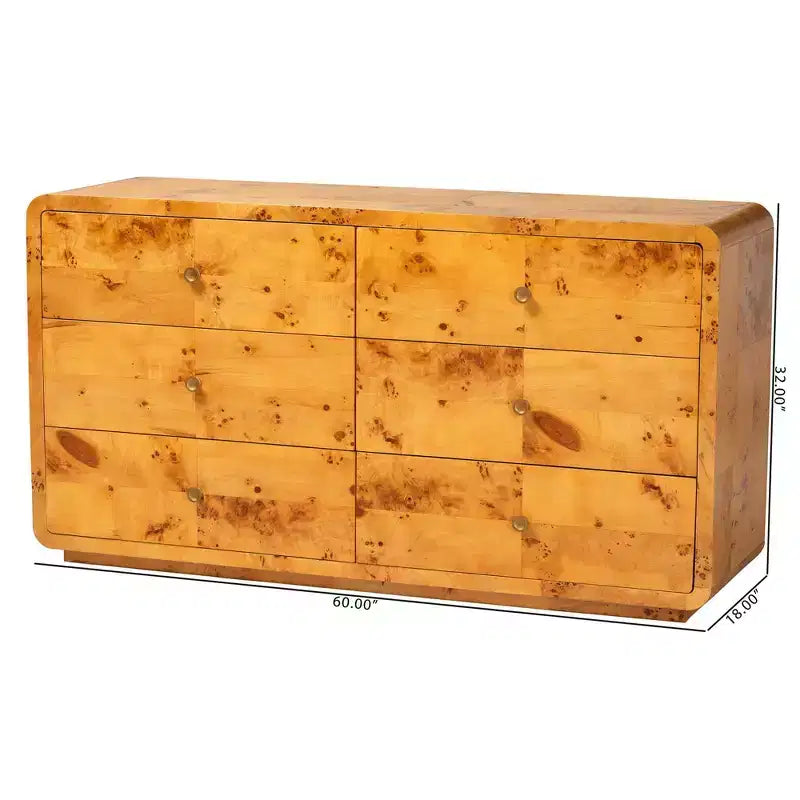 bali & pari Netra Real Burl Wood 6 Drawer Dresser Light Mappa Burl