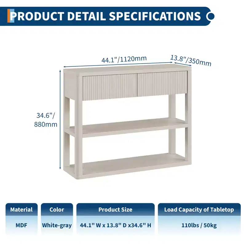 34.6 Tall Console Table with 3-Tier Shelves, Fluted Entryway Table with 2 Drawers, Wood Sofa Table Behind Couch for Entrance, Foyer, Living Room