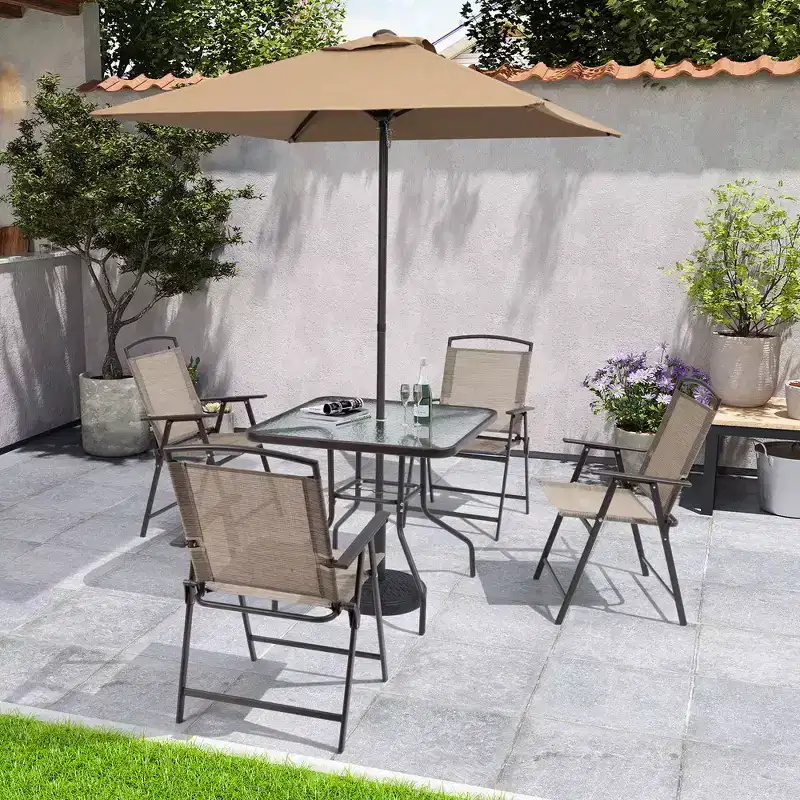 Crestlive Products 6 PCS Patio Dinning Set 4 Folding Chairs Square Tempered Glass Table and Umbrella Set