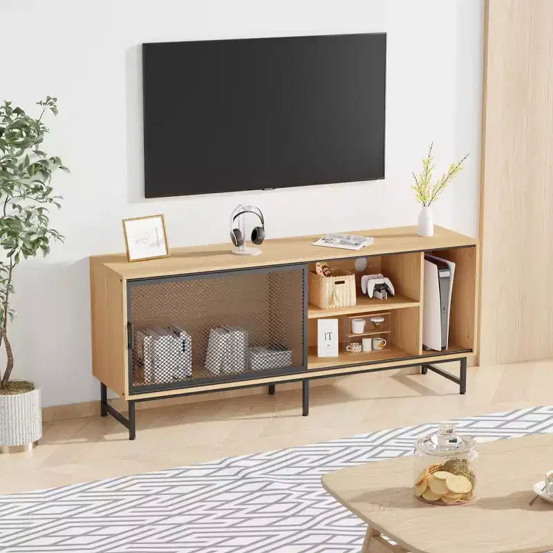 Industrial TV Stand with Sliding Mesh Doors and Wood Shelves