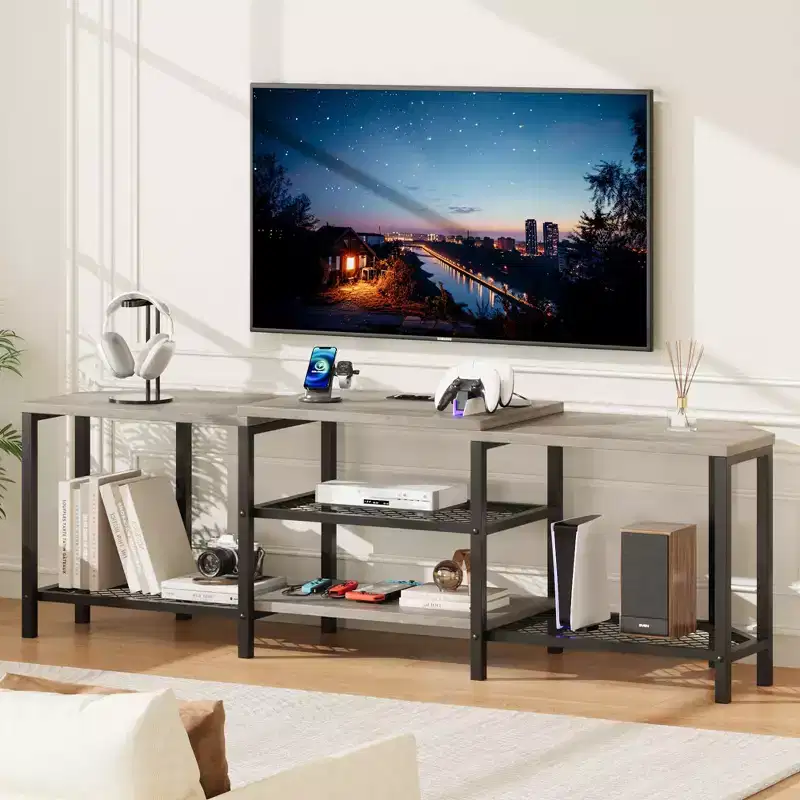 TV cabinet with four open shelving units, corner entertainment centre with power sockets, media cabinet with LED lighting for the living room