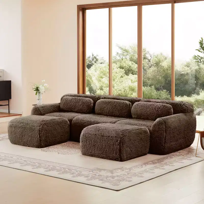 114.6 inch Brown U-shaped Boneless Sectional Sofa with Throw Pillows and 2 Ottomans 32D High Density Sponge for Living Rooms