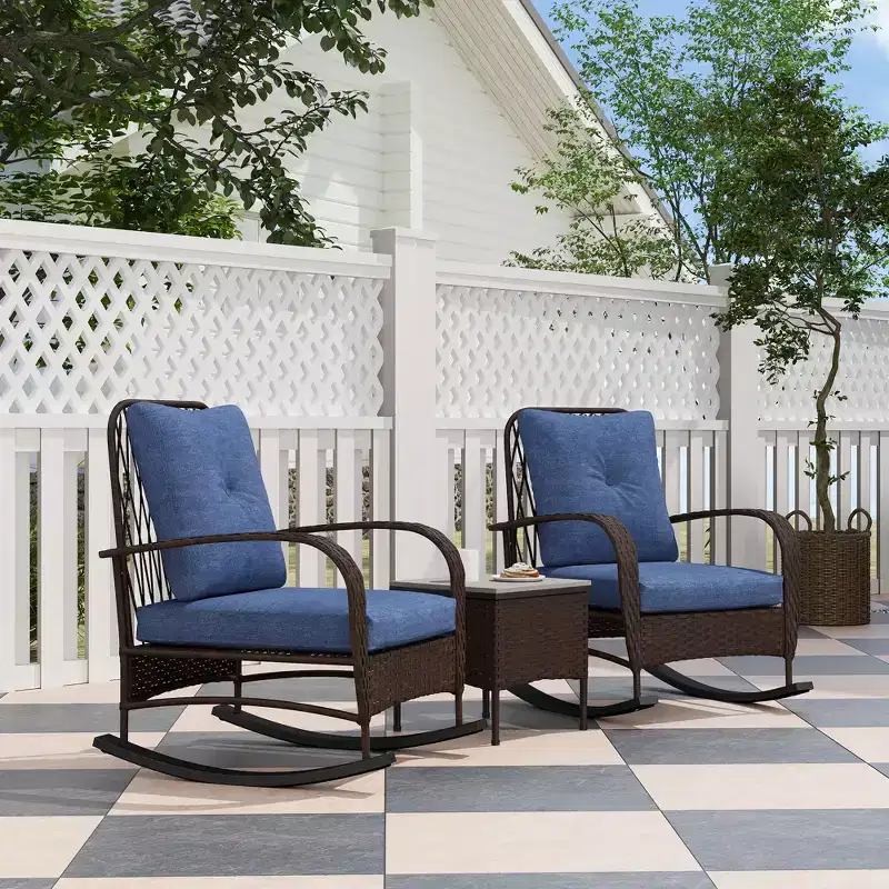3 Piece Wicker Patio Furniture Set, Outdoor PE Rattan Rocking Chairs with Coffee Table, Cushions for Porch