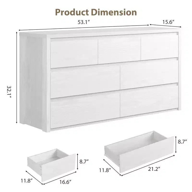 Acekool Bedroom Living Room Entryway 7 Drawer Wide Dresser Wooden Chest of Drawers Storage Organizer Modern White Finish