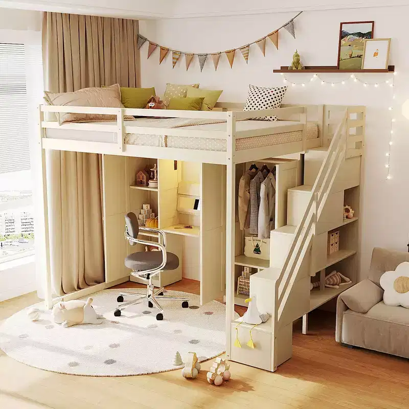 Full Loft Bed with Storage Staircase, Built-In Dressing Table with Mirror and Drawer, Wardrobe