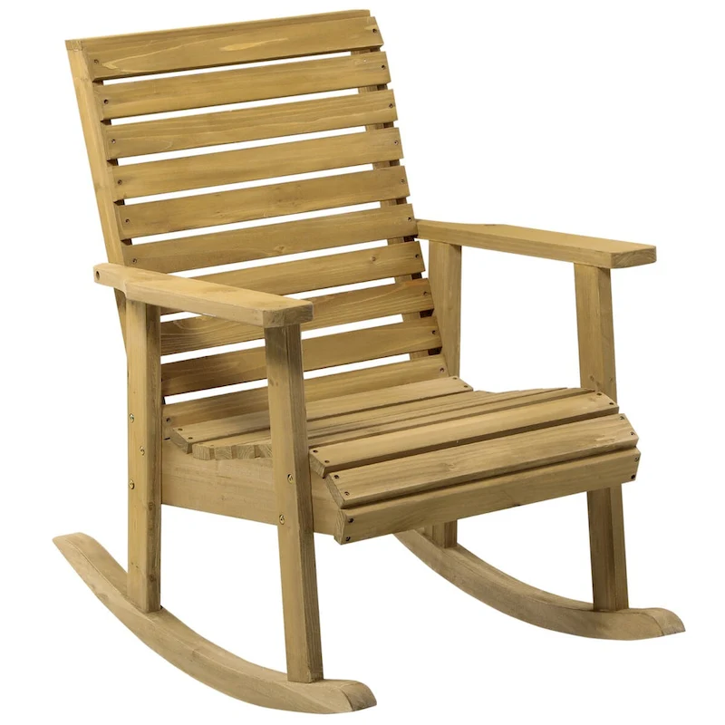 Outdoor Traditional Slatted Wood Rocking Chair with Armrests and High Backrest