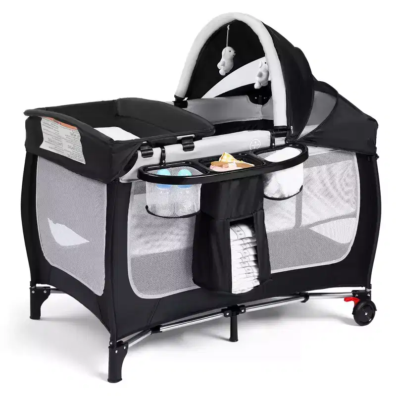 Kinder King 4-in-1 Portable Pack 'n Play with Bassinet, Changing Table, Adjustable Canopy, Storage Basket & Travel Bag  Infant to Toddler Playard