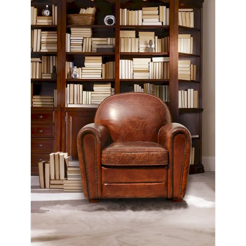 Fauteuil club Paris en cuir véritable marron, Pasargad Home