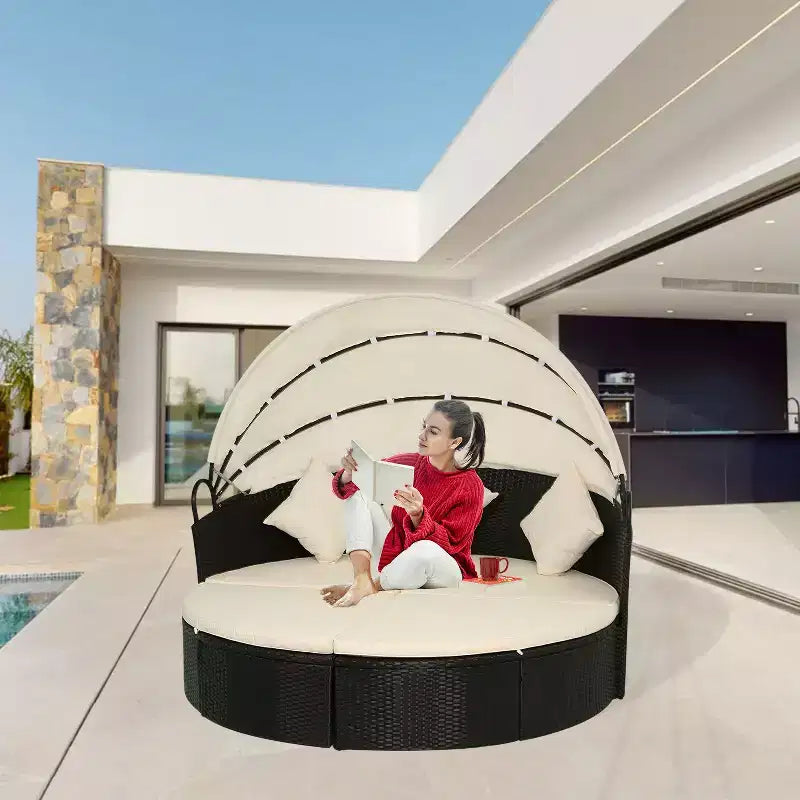 FDW Modern Outdoor Round Daybed with Retractable Canopy, khaki