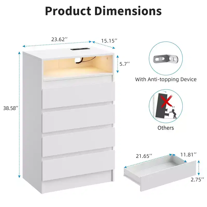 Modern 4 Drawer Dresser with LED Light and Charging Station, White Storage Chest with Power Outlet, Accent Double Dresser