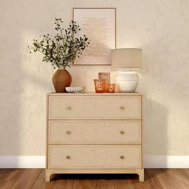 Elio Rattan 3 Drawer Dresser with Brass Knob