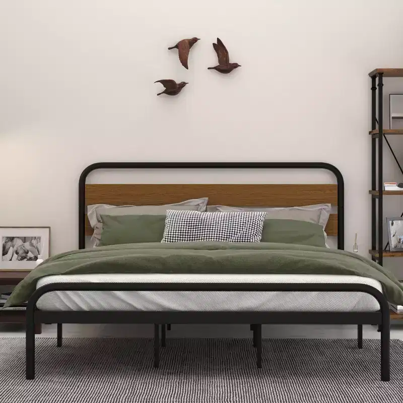Bed Frame, Platform Bed Frame with Wooden Headboard, Metal Bed Mattress Foundation with Storage, No Box Spring Needed, Easy Assembly