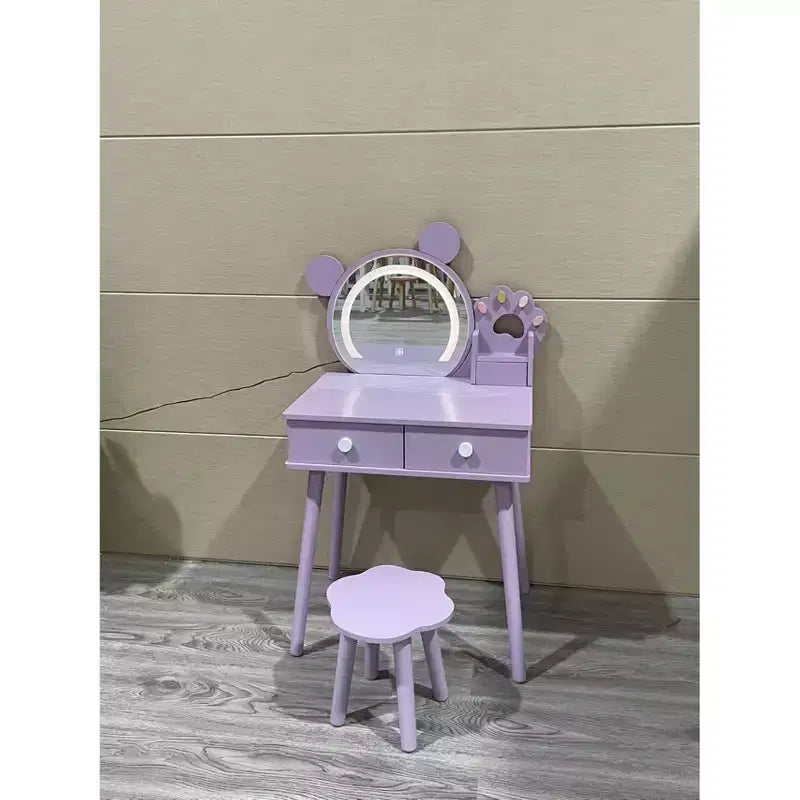Bear-shaped mirror with bear paw-shaped handles Children's vanity set with 2 drawers Floral-patterned stool Touch-activated three-color mirror White