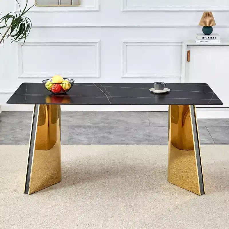 63 Modern Dining Table Kitchen Table, Counter Height Table with Imitation Marble and Curved Base for 6