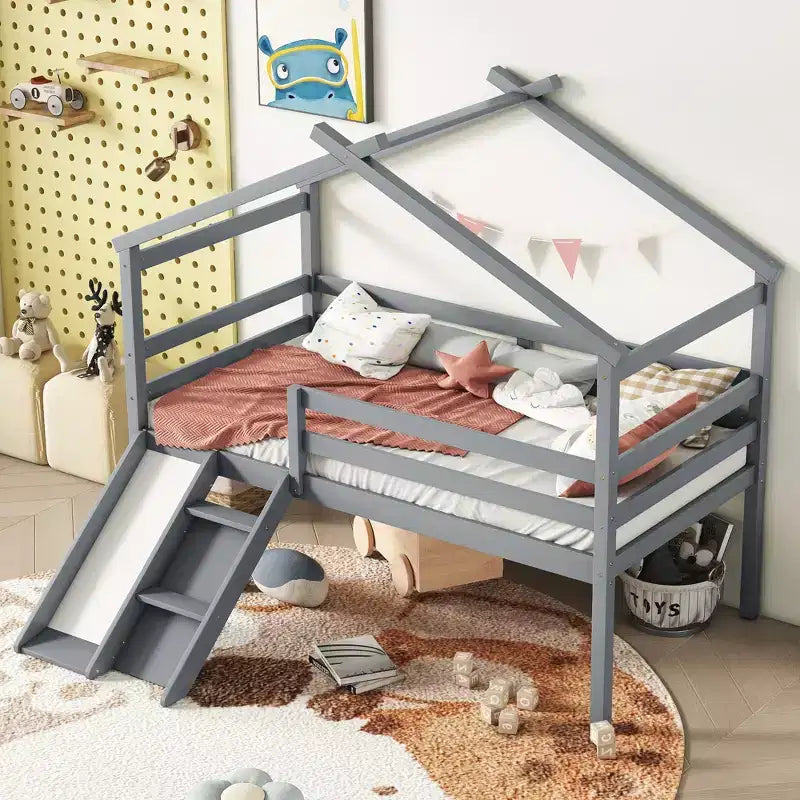 Double Low Loft Bed, Wooden Children's Loft Bed, Slide, Stairs, Safety Guardrails, House Roof Frame, Lower Storage Space
