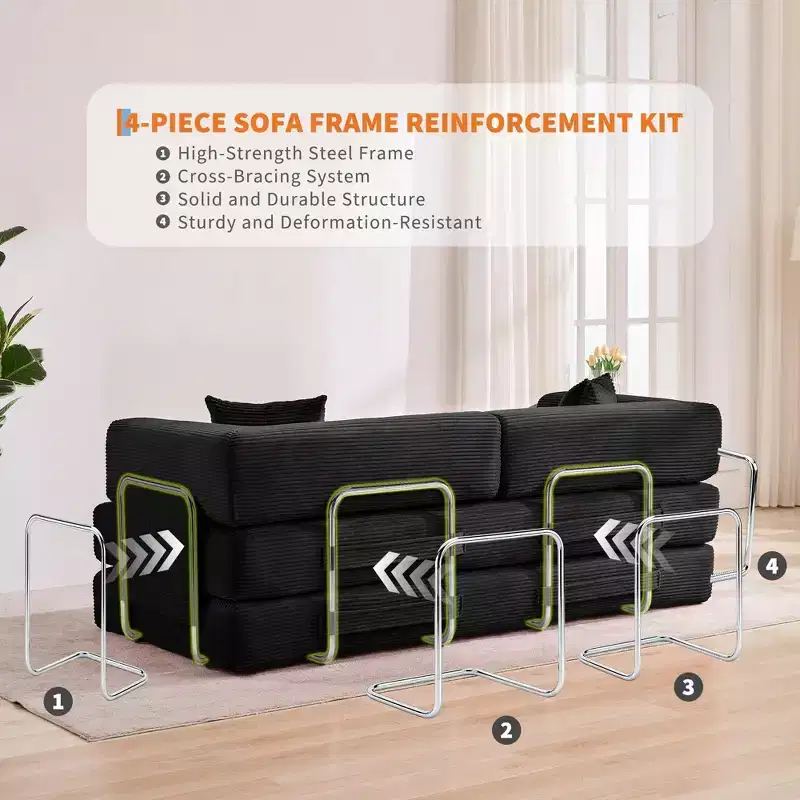 Sleeper Sofa Bed, 78.8 5-in-1 Folding Mattress Couch/Loveseat, Fixed-Shape Steel Frame, Corduroy with Pillows