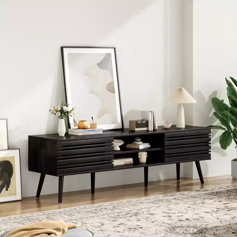 Mid Century Modern TV Stands for up to 70 TV with Storage, Fluted Wood TV Stand for Living Room, Boho Media Console,Dark Walnut