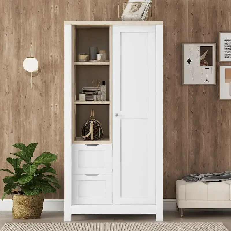 Nestfair Bedroom Storage Wardrobe with Hanging Rods and 2 Drawers and Open Shelves