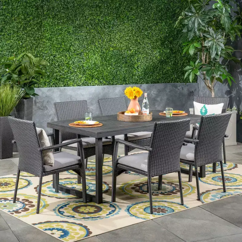 Christopher Knight Home Garner Outdoor Acacia Wood and Wicker 7 Piece Dining Set with Cushion