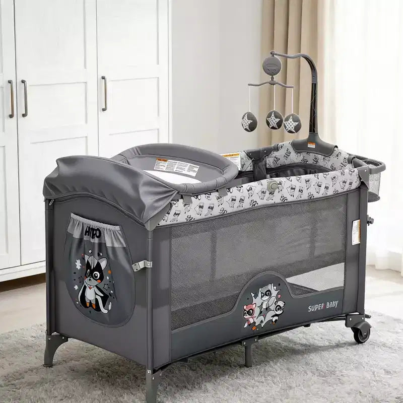 4-in-1 Baby Bassinet & Playard-Light Gray Portable Crib with Changing Table,Zip Door & Toy Bar - Locking Wheels & Storage for Newborns to Toddlers