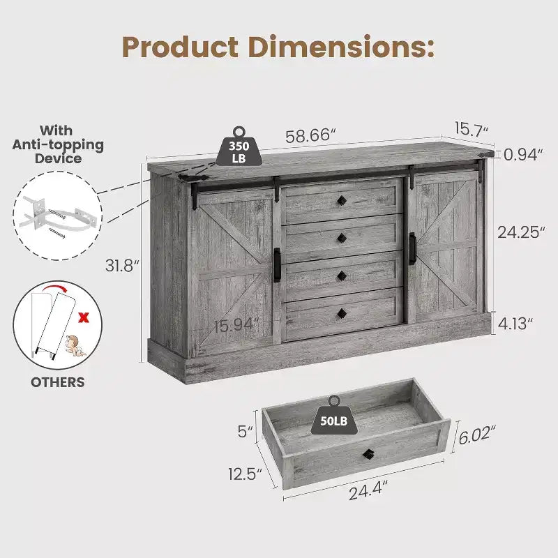 Acekool Farmhouse Coffee Bar Cabinet, 58.66 Buffet Sideboard with Drawers, Barn Doors for Kitchen or Living Room