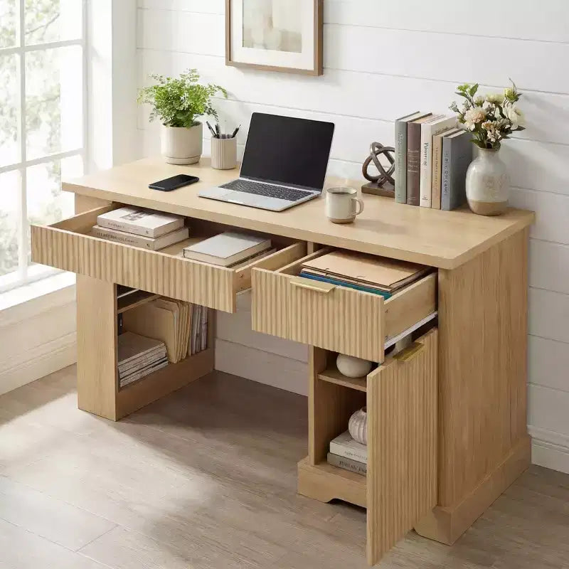 GDFStudio Haoran 55'' Modern Fluted Office Desk with Power Outlet, Keyboard Tray, Door and Drawers