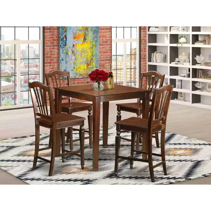 Modern Pub Table & Kitchen Chairs Set - 36 Square Table with 4 Stools - Hardwood Dining Set