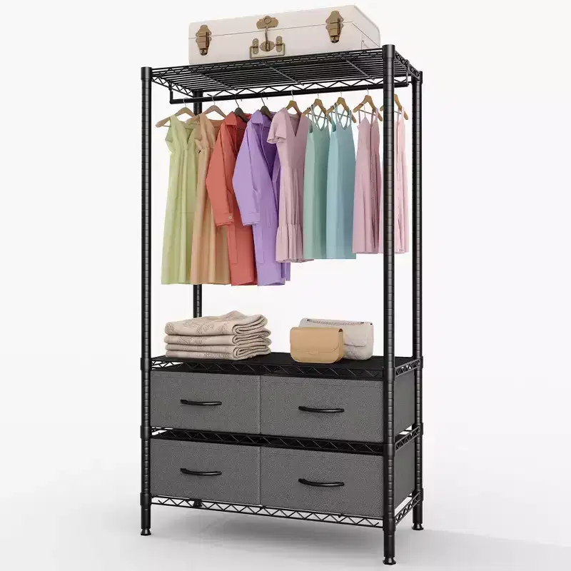 Freestanding Garment Rack with Adjustable Shelves and Four Fabric Drawers, Heavy Duty Clothing Organizer