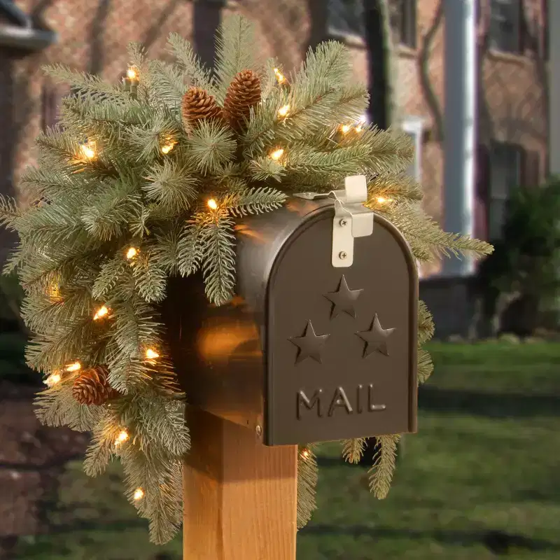 National Tree Company 36 Frosted Arctic Spruce Mailbox Swag with Battery Operated Warm White LED Lights