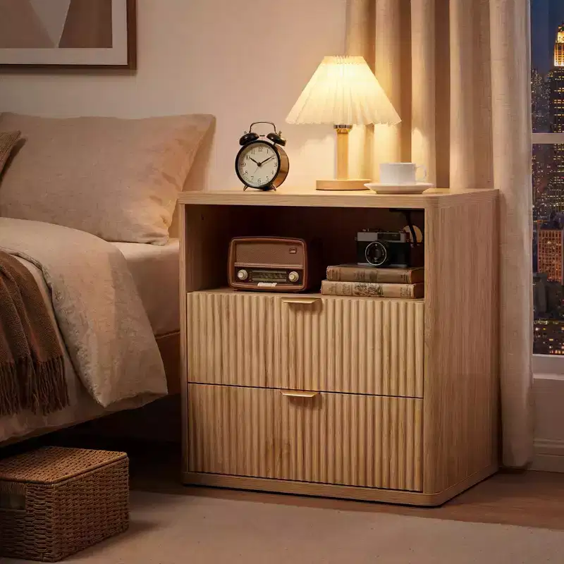 Nightstand with Charging Station, 2 Drawer Bedside Table with USB-C, AC Outlets, Open Shelf and Storage for Bedroom
