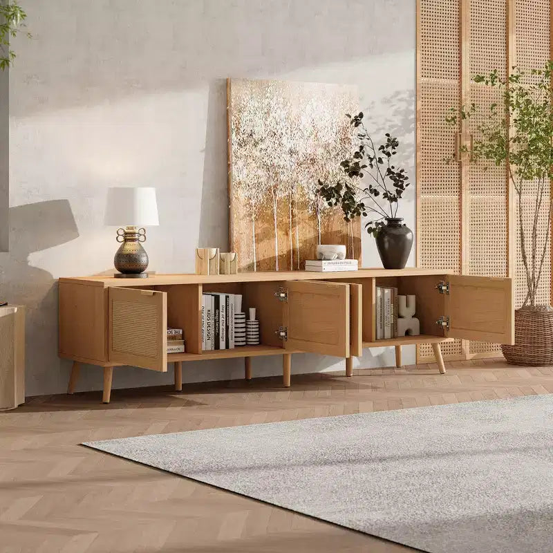 70 TV Stand for TVs up to 80, Natural Media Console with Rattan Doors & Cable Holes, TV Entertainment Center - ModernLuxe