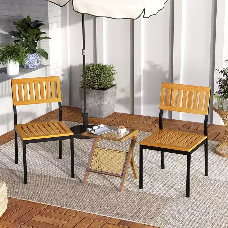 Costway Dining Chair Set of 2 Modern Patio Chairs/Acacia Wood Backrest, Slanted Seat