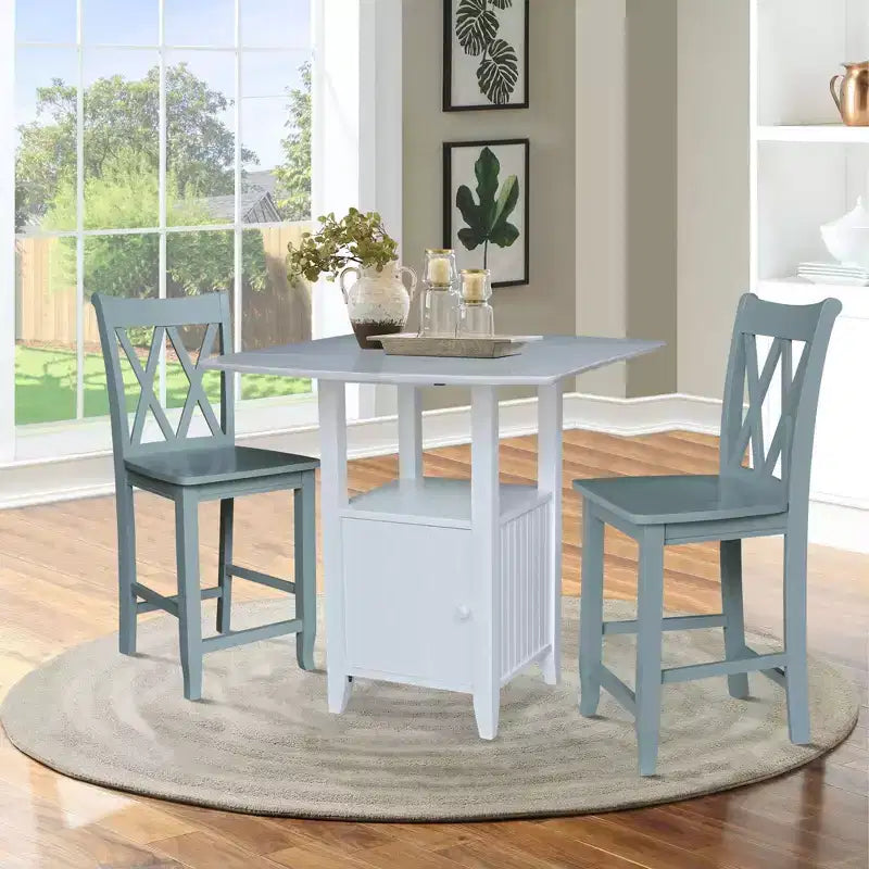 Dual Drop Leaf Bistro Table Dining Set with 2 Double Cross Back Counter Height Barstools White/Chalk Antiqued - International Concepts: 3-Piece