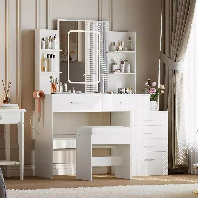 Acekool Vanity Desk Set with LED Mirror, Charging Ports, 6 Drawers, Shelves, Hairdryer Holder & Stool, Adjustable Lighting, White