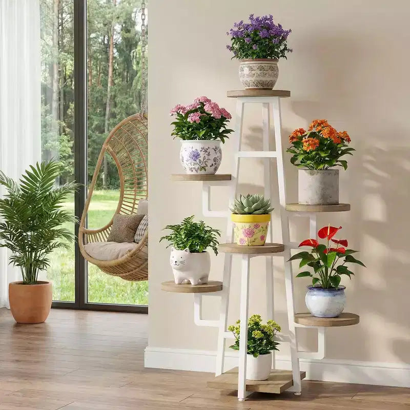 MAYEERTY 7-Tier Industrial Retro Plant Stand, High-Low Round Panel Flower Display Rack