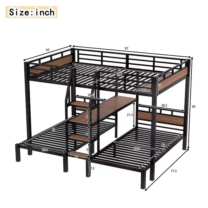 Bellemave Bunk Bed with Storage Shelves and Storage Stairs,Triple Metal Bunk Bed Frame for Kids,Teens and Adults,Black