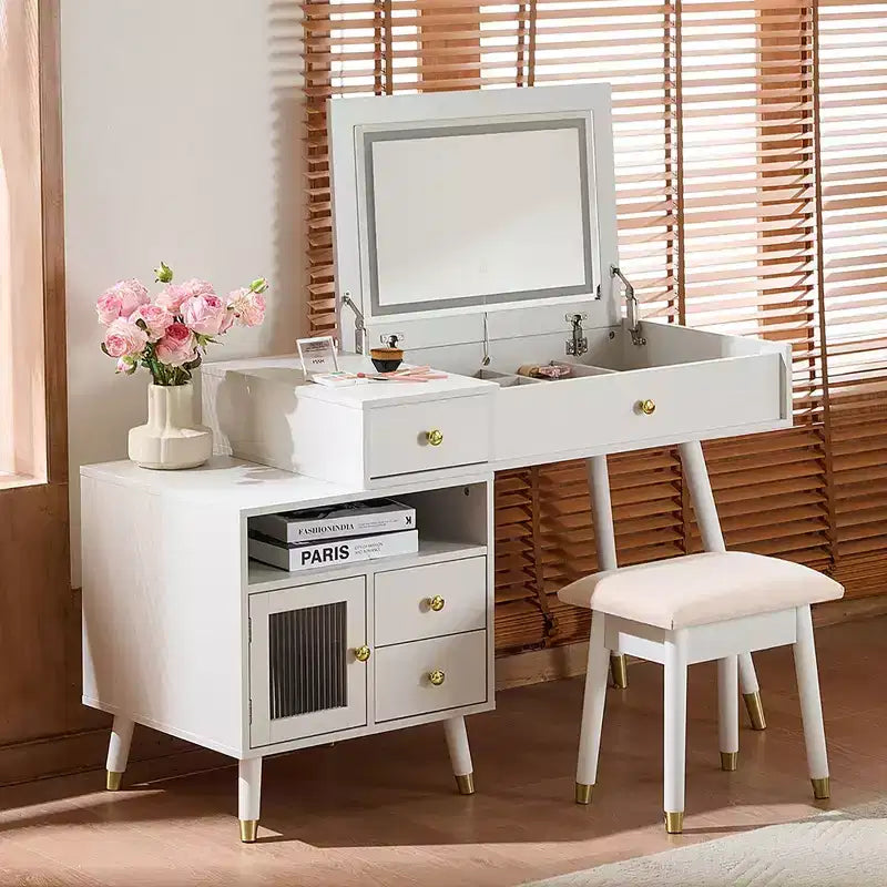 Okak 3-IN-1 Makeup Vanity with Flip-Top Mirror & Adjustable Cabinet, Dressing Table with Padding Stool, Vanity Table for Bedroom, White