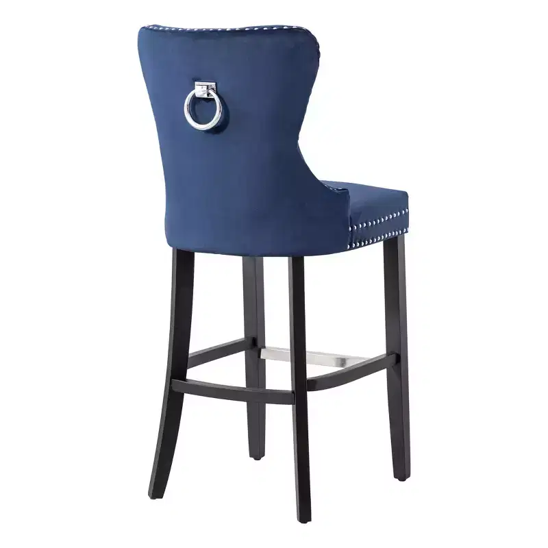 29 Tufted Upholstered Velvet Bar Stool with Metal Footrest, Velvet Navy Blue