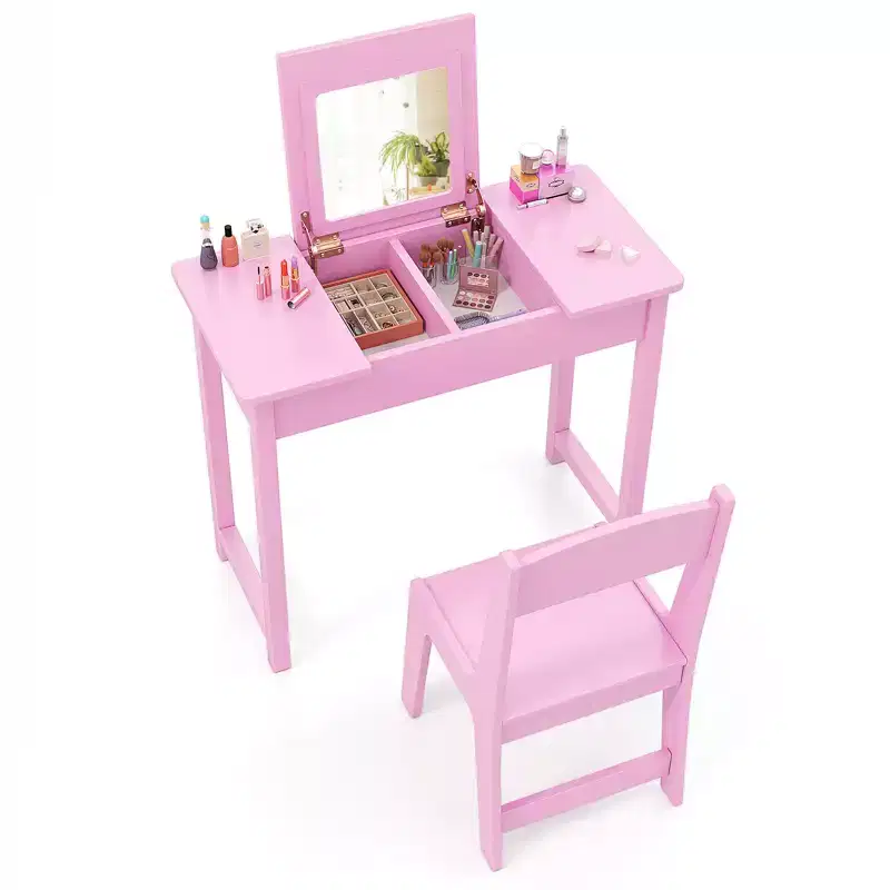 Kids Vanity Table & Chair 2-in-1 Princess Makeup Dressing Desk