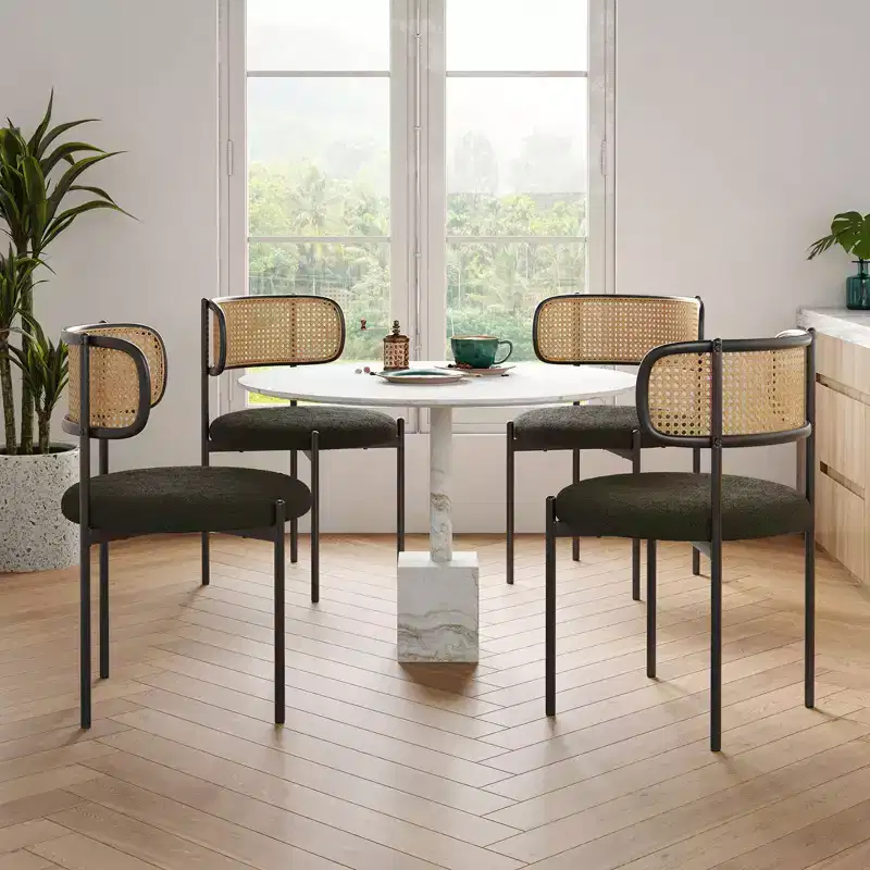 PexFix 4Pcs Modern Upholstered Dining Chairs Rattan Back Dining Room Chairs Accent Kitchen Chairs with Metal Legs Green