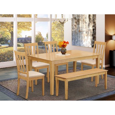 HomeStock 6-Piece Rectangle Natural Oak Finish Solid Wood Top Dining Table with 1 Bench, 4 Chairs