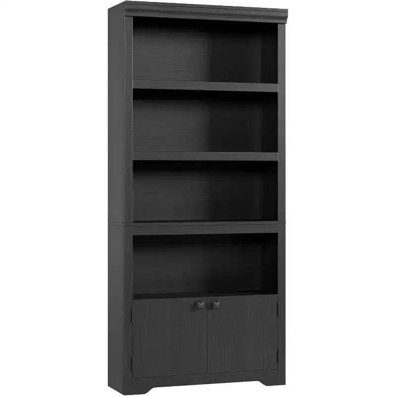 5 Tier Bookshelf, 69'' Tall Farmhouse Bookcase with 2 Doors & Adjustable Shelves - 31.5 W Open Display Storage Rack for Study, Living Room, Black