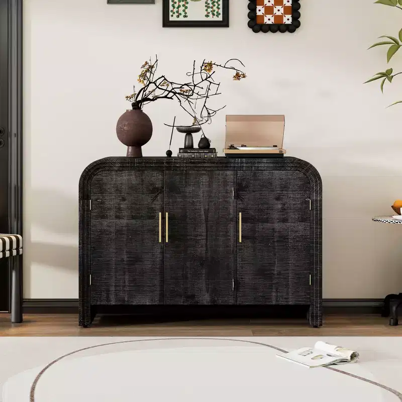 Retro Curved Sideboard with Gold Handles Adjustable Divides for Living Room Dining Room Antique Black